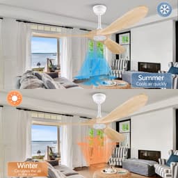 Plafondventilator 60 inch hout zonder verlichting - Waterdicht en weerbestendig - Moderne mid-century stijl - Inclusief valbuis voor montage - Natuurlijke houtlook afwerking - Geschikt voor terras, woonkamer, garage en paviljoen — thumbnail 5