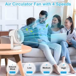 Tafelventilator Oplaadbaar USB - Stille Bureauventilator met Oscillatie - 4 Snelheden - Draadloos - 5700mAh - 90° Draaibaar - Ventilator voor Kantoor, Slaapkamer en Camping - Wit — thumbnail 2