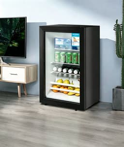 Zwarte vrijstaande minikoelkast met een glazen deur van één laag Het krachtige koelsysteem houdt bier cocktails frisdranken en sap langdurig op een comfortabele temperatuur Geschikt voor dagelijks gebruik thuis en op kantoor — thumbnail 1