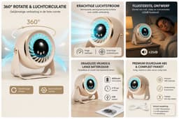 VHV-360° Desktopventilator - Oscillerende Tafelventilator met Krachtige Luchtstroom - Hoge Snelheid Bureauventilator Oplaadbaar - Stille Luchtcirculator met Lange Batterijduur voor Kantoor, Slaapkamer en Camping — thumbnail 3
