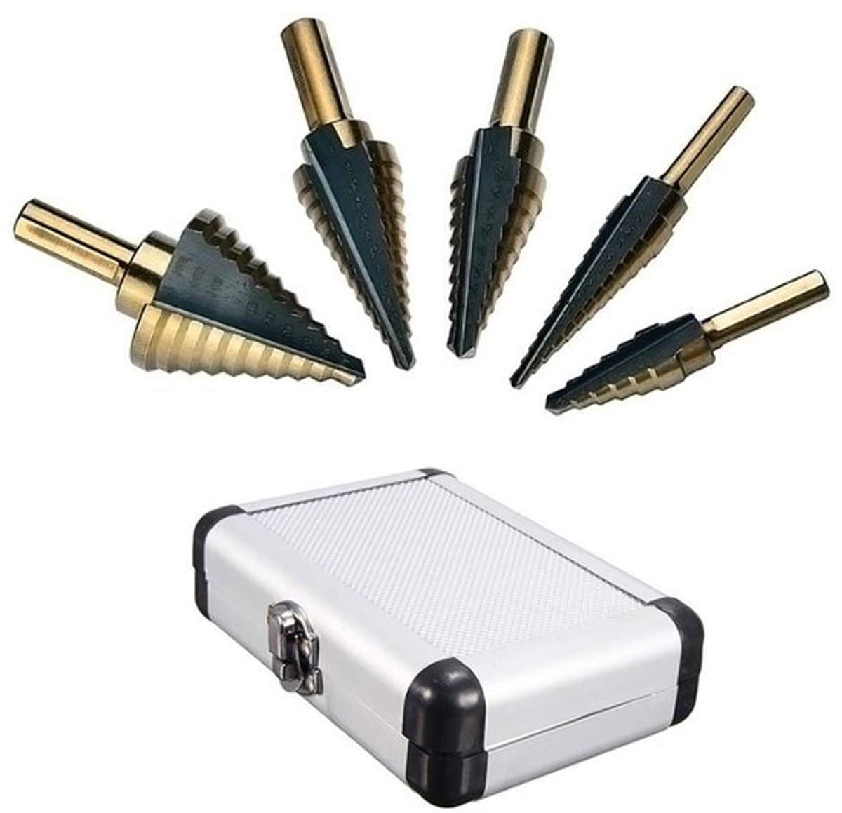 5-delige set titanium gecoate trappenboren met HSS driehoekige schacht in Brits systeem, geschikt voor multifunctioneel boren van 1/4 tot 1-3/8 inch, duurzaam en nauwkeurig — afbeelding 1