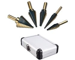5-delige set titanium gecoate trappenboren met HSS driehoekige schacht in Brits systeem, geschikt voor multifunctioneel boren van 1/4 tot 1-3/8 inch, duurzaam en nauwkeurig