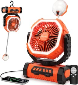 Camping ventilator met LED lamp, oplaadbare USB tafelventilator 20000mAh stil en draagbaar voor tent, reizen en buitengebruik — thumbnail 1