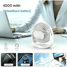 GELLDG Tafelventilator - Draagbare USB Ventilator met 4000 mAh Accu - 5 Snelheden & 360° Draaibaar - Stille Oplaadbare Ventilator Geschikt voor Slaapkamer, Kantoor en Kamperen - Kunststof - Afmetingen 17.5x7.2x18cm — thumbnail 4