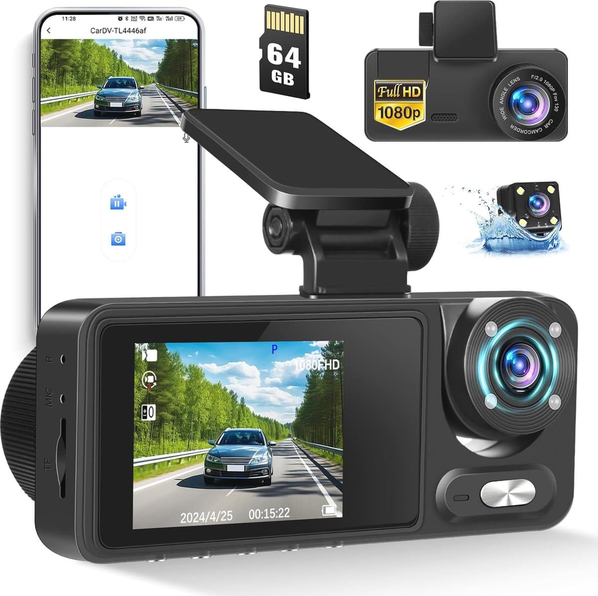 1080P Dashcam met WiFi en App Controle, Infrarood Nachtzicht, G-Sensor en 64GB SD Kaart — afbeelding 1