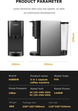 HiBREW H3A 5 in 1 Koffiezetapparaat, 19 Bar Druk, Koud/Warm-modus, 1000ml Watertank, Energiebesparing & Anti-DroogBescherming - Zilver — thumbnail 3