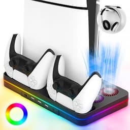 PS5 Slim Oplaadstation met Dual Koeling - Koeling Station Geschikt voor PlayStation 5 Slim Digital + Disc Edition - RGB Verlichting - PS5 DualSense oplaadstation - 3 USB -Headset Houder - Playstation 5 Slim Accessoires — thumbnail 1