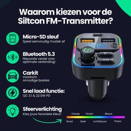 Siltcon® Bluetooth Transmitter – Fm Transmitter - Bluetooth Auto - USB-C lader 22.5W - Carkit - USB-A - SD Kaart - BT 5.3 - 2026 model — thumbnail 2