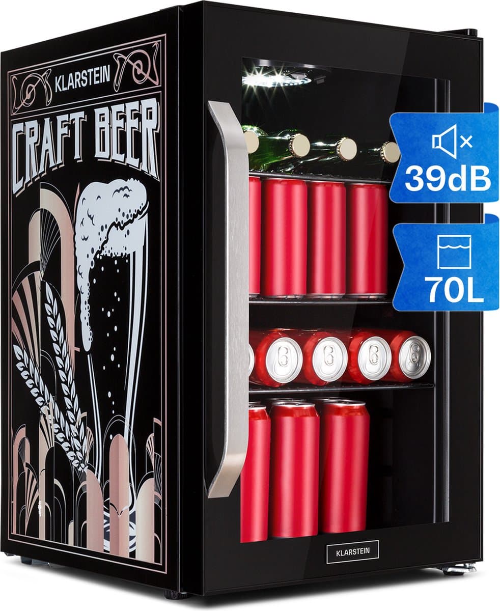 Klarstein 70L koelkast, kleine koelkast met uitneembare planken, stille minikoelkast met glazen deur en ledverlichting, kleine drankkoeler, geschikt voor gebruik buitenshuis, bierveilig voor flessen, 0-10°C — afbeelding 1