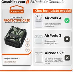 Case geschikt voor Apple AirPods 4 Hoesje - Waterdicht - 100% Shockproof Case - Vergrendelknop - Legerprint Groen — thumbnail 2