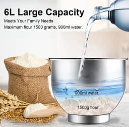 Keukenmixer - Deegmachine - Keukenmachine - Deegmixer - Kneedmachine - 6L - 4Kg - 1200W - RVS - Zwart — thumbnail 5