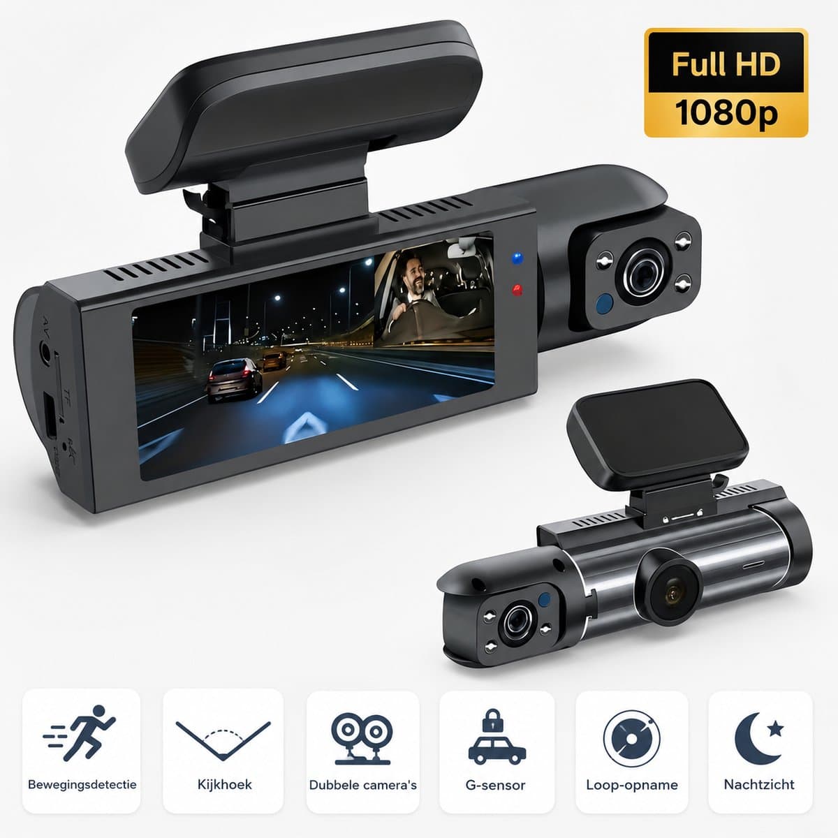 Dashcam Auto 1080P Dual Camera – Voor & Binnen – IR Nachtzicht – Loop Recording – Groothoek – 8,03 cm IPS Scherm – Auto DVR Camera — afbeelding 1