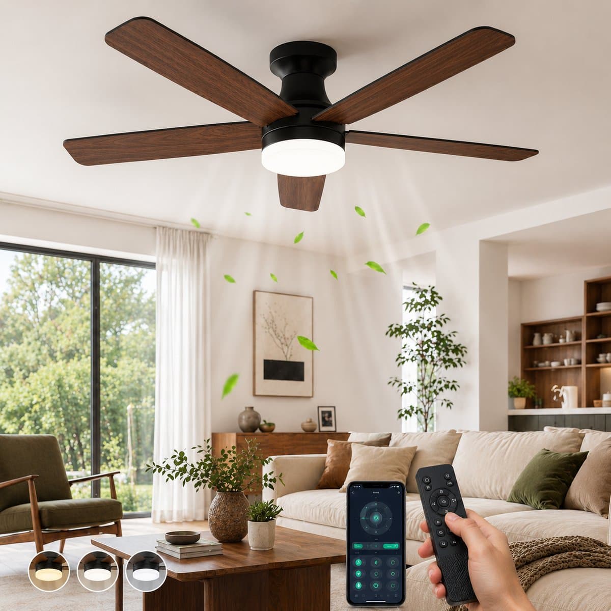 MUPOO Moderne Zwart plafondventilator met verlichting 106cm-Afstandsbediening en App-Stille &Zomer en Winterstand-Dimbaar& 6 Snelheden -ventilator lamp plafond Voor Slaapkamer Woonkamer-Multiplex Omkeerbare bladen — afbeelding 1