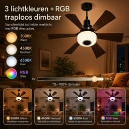 Rosnek E27 Plafondventilator met Lamp en Bluetooth Speaker - RGB Inschroef Ventilatorlamp met Afstandsbediening - Kantelbaar - 6 Hoogtes - 3 Snelheden - Dimbaar - Ø52CM — thumbnail 3
