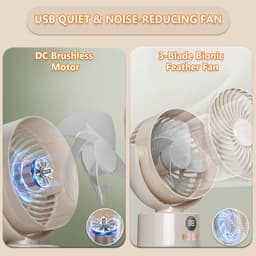 Bureau ventilator – Mini ventilator – Campingventilator - USB ventilator – Met statief - 3600 mAh – 3 snelheidsstanden – Automatisch zwenkend – Draagbare ventilator voor thuis, kantoor camping –15*8.5*39cm - Crèmewit — thumbnail 2
