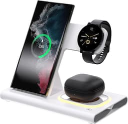 3-in-1 draadloze oplader voor Samsung laadstation Android smartphone meerdere apparaten LED-licht inklapbare dock oplader standaard geschikt voor Samsung Galaxy S25 S24 S23 S22 Note 20 Watch 8/7/6 oordopjes — thumbnail 1