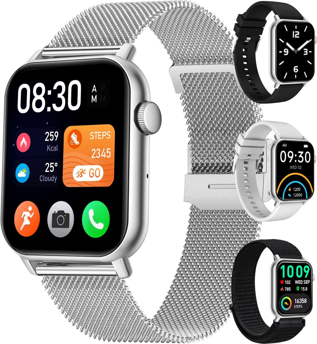 Siltcon® Smartwatch Dames Pro - Smartwatch Heren Pro - Sporthorloge Dames & Heren - Stappenteller Horloge - Hartslagmeter – Bloeddrukmeter - Slaapmonitor - Saturatiemeter - Belfunctie - Elke Smartphone - RVS - Incl. 4 Bandjes - Zilver — afbeelding 1