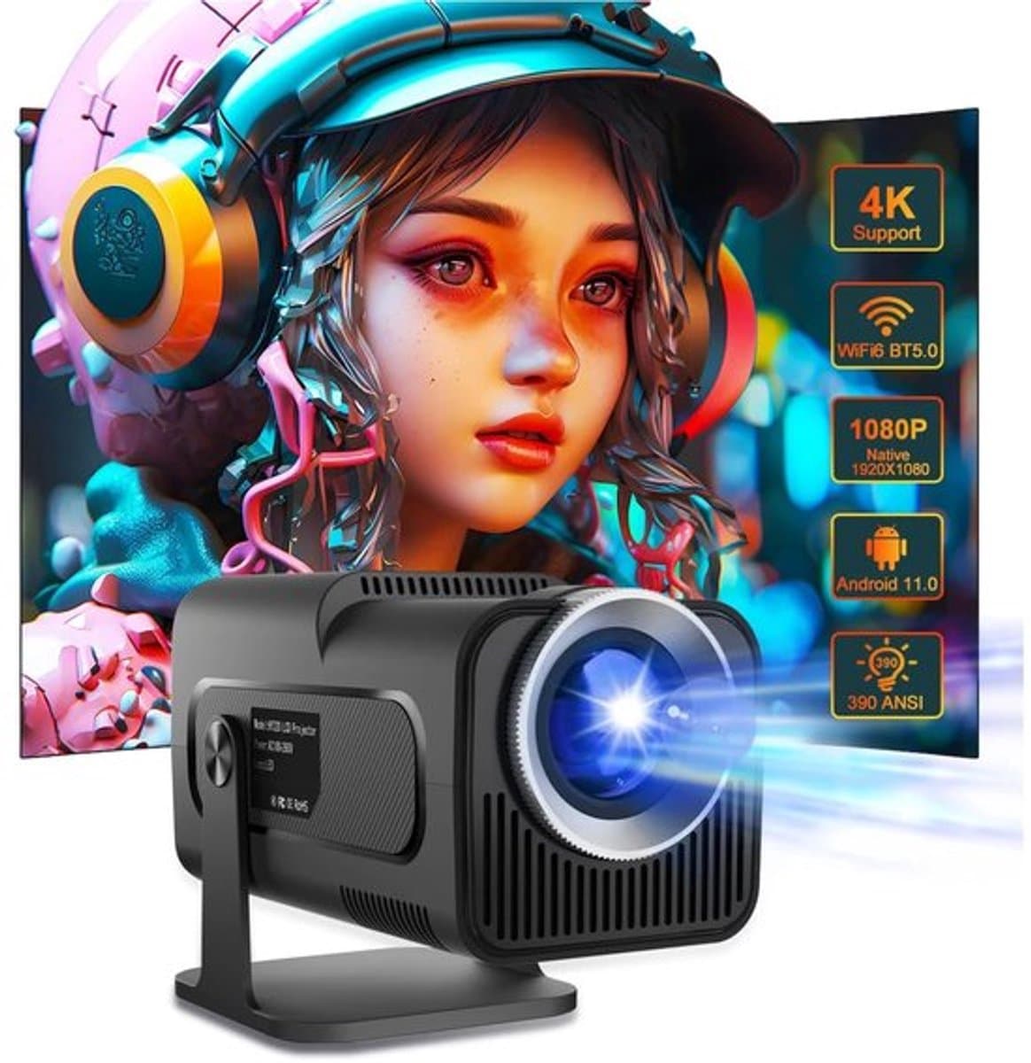 One Zisa - HY300 Mini - Beamer - Projector Beamer - Mini Meamer - 1920x1080dpi - Automatische focus - met WiFi - Android 11 - Zwart — afbeelding 1