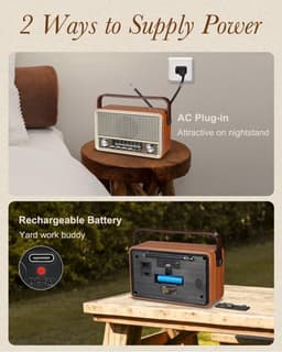 Vintage Draagbare Radio - Retro AM/FM/SW Radio met Bluetooth - 1800 mAh Oplaadbare Batterij - Draagbare Werksite en Camping Radio met USB, TF en AUX - Grote Knoppen voor Senioren - Koffie — thumbnail 4