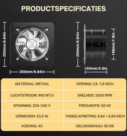 Afzuigventilator 200 mm – Badkamer Ventilator 980 m³/u met Terugslagklep – Stille Wandventilator voor Badkamer, Keuken, Garage & Kelder – Krachtige Luchtafvoer Zwart — thumbnail 5