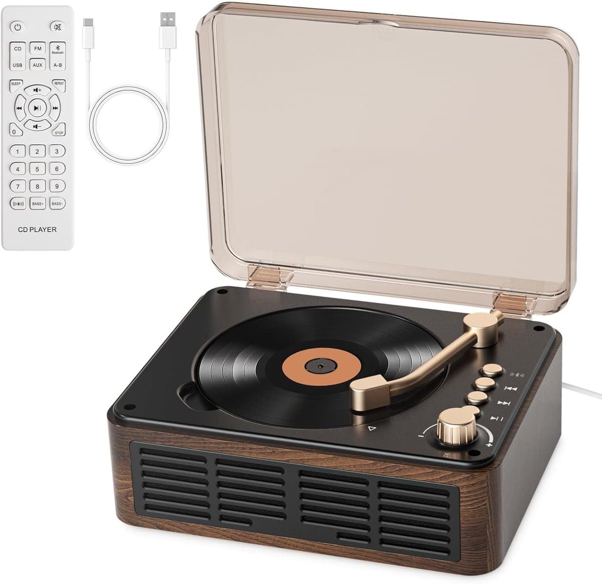 Bluetooth CD Speler - Ondersteuning voor CD/Bluetooth/MicroSD-kaart/USB/AUX - Ingebouwde Speaker - Bruin — afbeelding 1