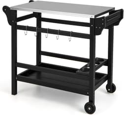 Buitenkeuken op Wielen – BBQ Trolley – Met Opbergkast & Planken – Werktafel voor Buiten – Hout & Metaal – Multifunctioneel – Zwart — thumbnail 1