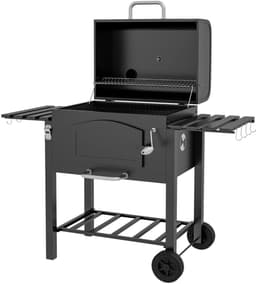 Premie 3-in-1 Houtskool Barbecue - Smoker Barbecue met Rookfunctie - Houtskoolgrill - met Verstelbaar Houtskoolcompartiment, Deksel, Handgrepen, Thermometer, Wielen - BBQ voor Kamperen, Buiten, Tuin - 124 x 66 x 112 cm - Zwart — thumbnail 3