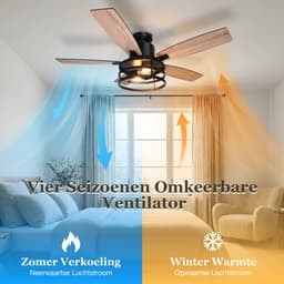 Rosnek Industriële Plafondventilator met Lamp - 112cm Zwart Kooi Design - Stille Plafondventilator Hout - Zomer en Winterstand - Slaapkamer/Patio — thumbnail 4