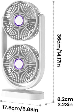 Tafelventilator - Bureauventilator - Dubbele kop - Oplaadbare ventilator - Stil - USB - Voor kantoor, slaapkamer en bureau - 17.5 x 8.2 x 36 cm - Wit — thumbnail 2
