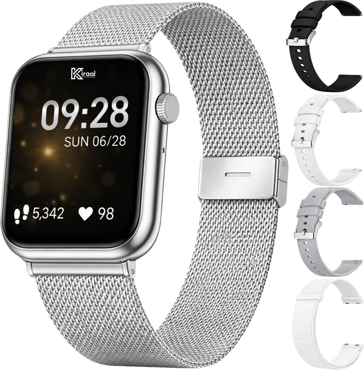 Kiraal Montala Smartwatch - Inclusief 5 Bandjes - Hartslagmeter - Stappenteller - Slaapmonitor - Multisport - Compatibel met Android en iOS - Zilver — afbeelding 1