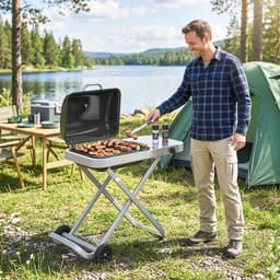 Draagbare Gasbarbecue - Gasbarbecue en grill - 1 Branders - 2,5 kW - Grillwagen - Barbecuewagen - met Grillrooster, Wielen, Inklapbaar Onderstel, Bijzettafels, Thermometer & Deksel - 109 x 55 x 89 cm - Zwart + Zilver — thumbnail 4