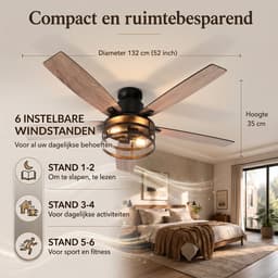 Rosnek Plafondventilator met Verlichting Ø132cm- Smart Lamp met Afstandsbediening - Plafonniere Keuken Lamp met 6 Ventilatiesnelheden - Plafond Ventilator Lamp met Timer, Landelijke Stijl voor Slaapkamer, Woonkamer & Terras — thumbnail 4