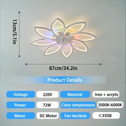 8 Bloem Ventilator Lamp - RGB 12 Kleuren - Moderne Plafondlamp Ventilator - 6 Standen - Wit - Dimbaar - Plafondventilator — thumbnail 4