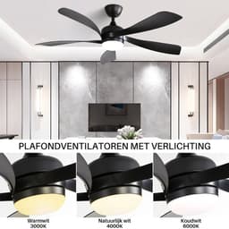 Plafondventilator Met Lamp - Stille ventilator - 5 ABS Bladen - Ø 52 inch - Dimbare lamp met 3 lichtstanden - 6 standen voor de windkracht - Met Afstandsbediening - LED's Light - Zwart — thumbnail 3