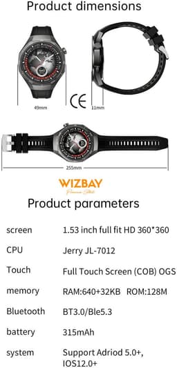 WizBay Premium Select® 1.53 inch TFT Smartwatch Dames Heren - Sapphire Glas - Android en iOS - Bluetooth Call - 02 Zuurstof - Bloedruk - Message - AI Voice - Multiple Sport Modi - Obsidiaan Zwarte Case 2 extra Banden Zwart Leer en Siliconen — thumbnail 2