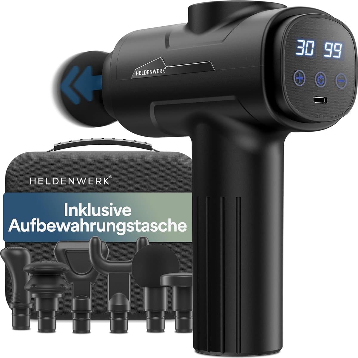 Massagepistool met 6 massagekoppen, 30 snelheden en USB-C-aansluiting voor diepere spiermassage — afbeelding 1