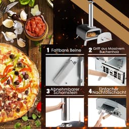 COSTWAY Pizza oven outdoor, draagbare pizza houtkachel incl. pizza schuiver en pizzasteen, hout pizza oven voor tuin camping — thumbnail 5