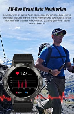 Knobbout 1.46”(3.7cm) Scherm Sportieve Smartwatch met LED Zaklamp – Bluetooth Bellen – HD Touchscreen (360×360) – 100+ Sportmodi – Hartslag, Bloeddruk & SpO₂ – IP68 Waterdicht – Muziekbediening – Android & iOS - Zwart — thumbnail 5