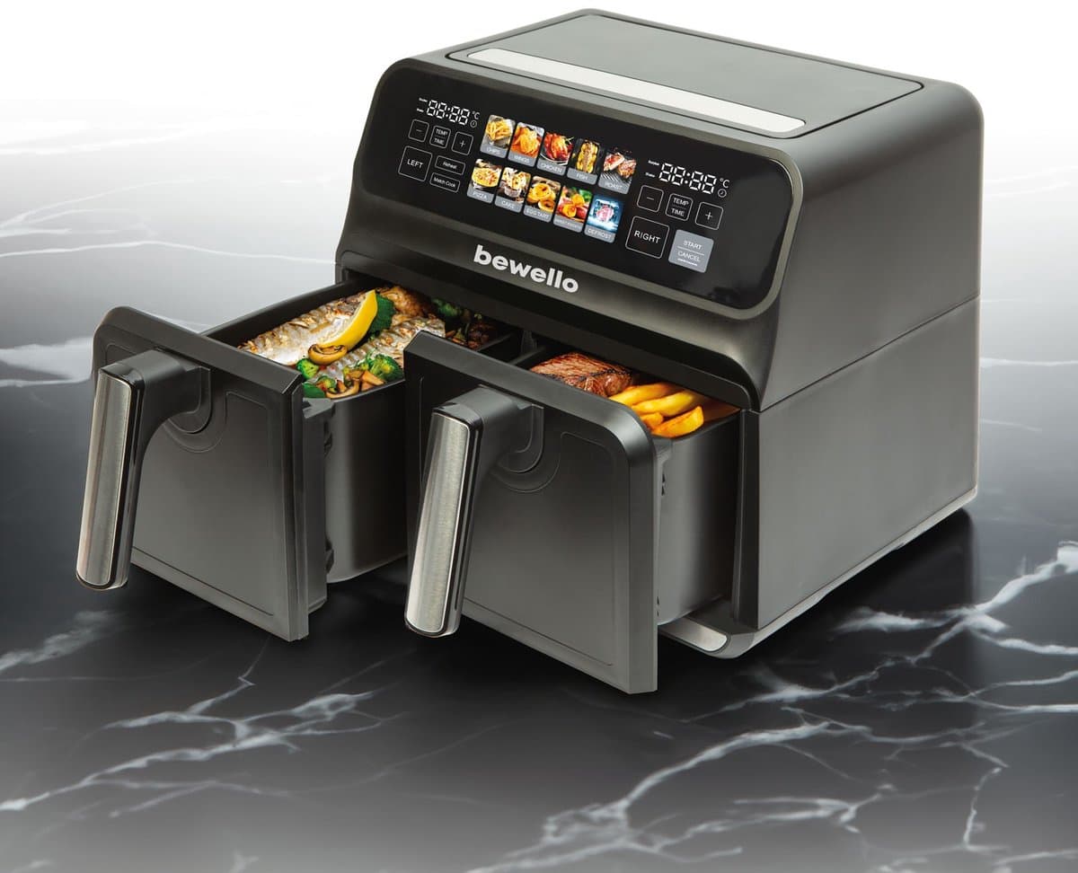 Airfryer XXL – Dubbele Lade – 4 + 4 Liter – 2200 Watt – Olievrij Frituren – Touchscreen Display – Timerfunctie – Non Stick Bakmanden – Zwart – 230V – 1 Stuk [BW1002D] — afbeelding 1
