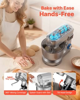 Elektrische Keukenmachine - Standmixer/Deegmixer - 1500 W - RVS Kom 5,7 L - Mengkom 1,5 L - 6+P Snelheden - Inclusief Deeghaak, Garde En Klopper — thumbnail 2