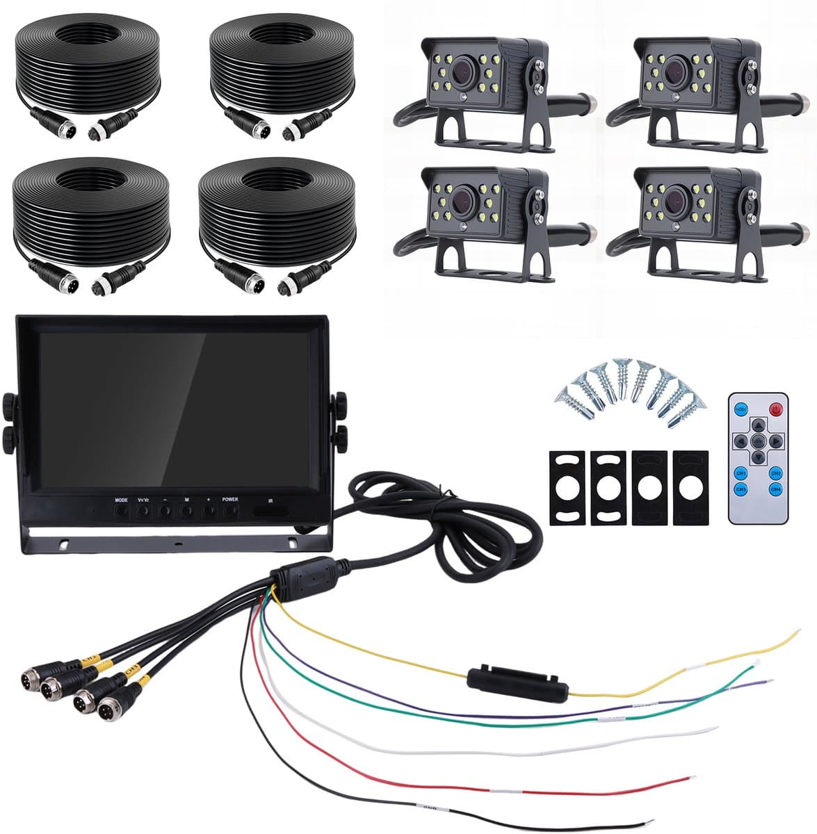 9-inch AHD-achteruitrijcameraset voor campers – 1080p-scherm met vier beeldvensters - Geschikt voor campers, vrachtwagens en aanhangwagens - Nachtzicht en continu-opname — afbeelding 1