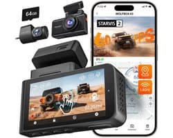 Wolfbox X3 Touch 3CH 2K Wifi Gps 64gb dashcam - Camera voor + achter - 3,0 inch touchscreen Lcd - Wifi en Gps - Parkeermodus - 2K resolutie - 64gb Micro SD kaart - dashcam voor auto