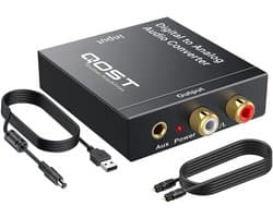 Qost Digitaal naar Analoog Audioconverter - 192 kHz Audio Adapter - DAC - Toslink - RCA R/L - Inclusief Optische Kabel en Voedingsadapter