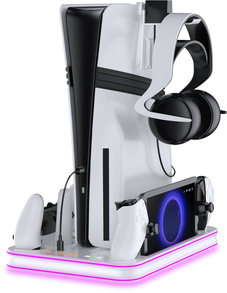 PlayCool all-in-one Multifunctionele RGB Oplaadstation- en Displaystandaard Geschikt voor PlayStation 5/ PS5 Slim/ PS5 Pro (Disc & Digital) & PlayStation Portal (incl. Screen Protector) - DualSense (Edge) controller — afbeelding 1