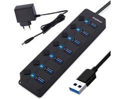 USB 3.0 Splitter 7 Poorts met 5V/2A Adapter en Individuele Aan/Uit-schakelaar