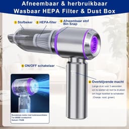 SNJY® Auto Stofzuiger - Kruimeldief - Handstofzuiger - Kruimelzuiger - 6 Opzetstukken - Zuigen en Blazen - 120 W - Grijs/Paars — thumbnail 4