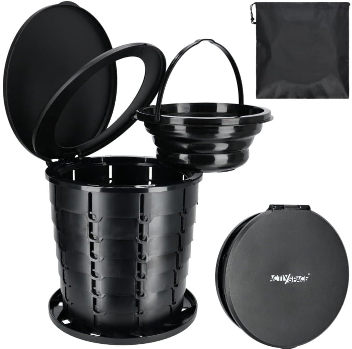 Activ Space - Draagbare Toeristische WC - 2in1 Vuilnisbak - Siliconen Inzetstuk - Zwart — afbeelding 1