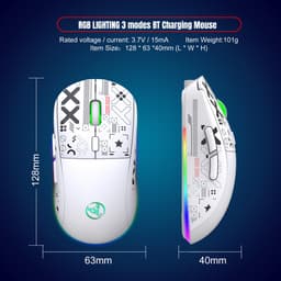 HXSJ T90 2.4G Stille Draadloze Gaming Muis - Bluetooth - Computermuizen - Ultra licht - RGB Verlichting - Wit — thumbnail 2