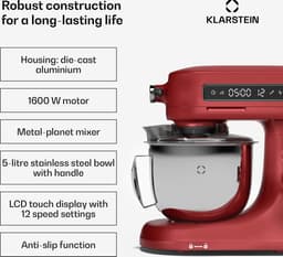 Klarstein Keukenmachine Chiara 1600W – 5L rvs-kom, 12 Geschwindigkeiten, LCD Touch Display, ≤72 dB, vaatwasmachinebestendig Patisserie Set, Aluminium gegoten behuizing, rood - Keukenmachine - 12 Snelheden - voor Keuken - LED RVS-Kom Garde — thumbnail 4