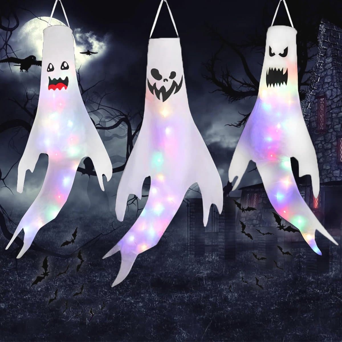 Halloween windzakken met gekleurde LED verlichting - Spooktuindecoratie voor binnen en buiten — afbeelding 1